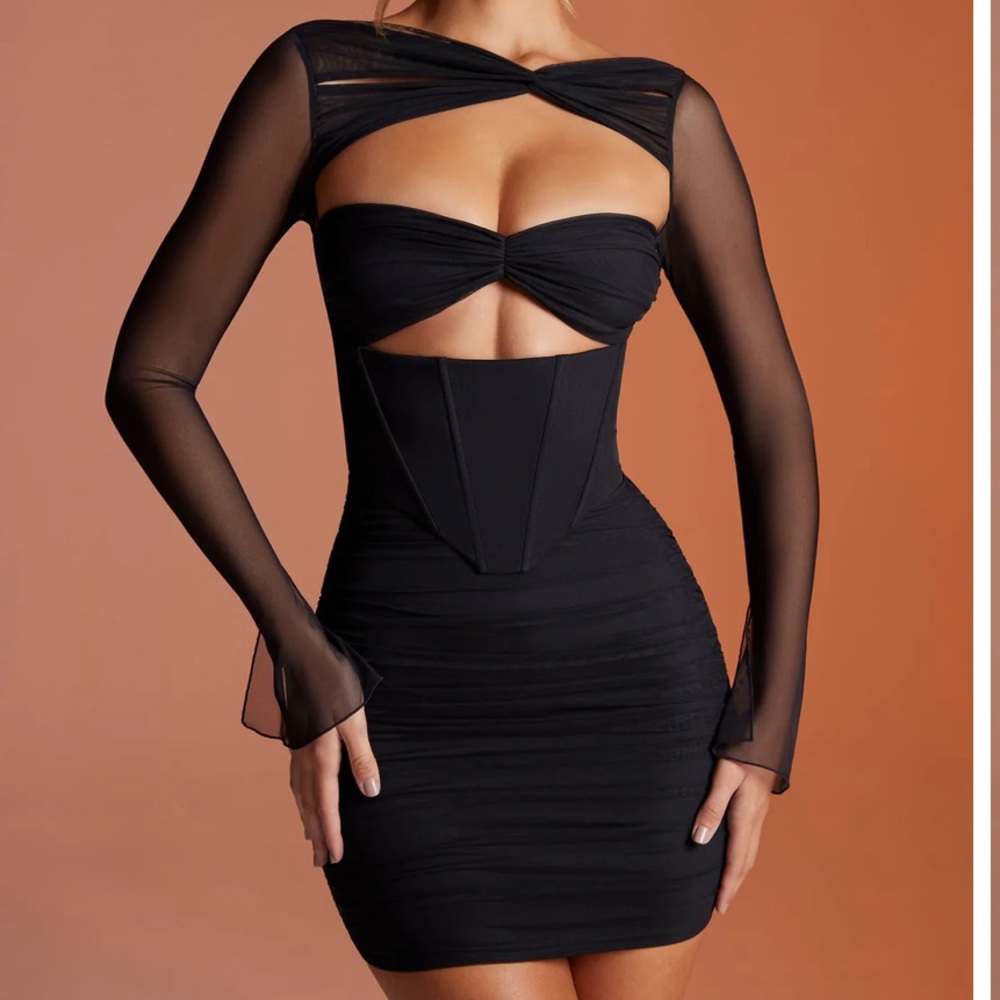 Oh Polly ‘Nirvana’ Long Sleeve Ruched Mini Dress in Black